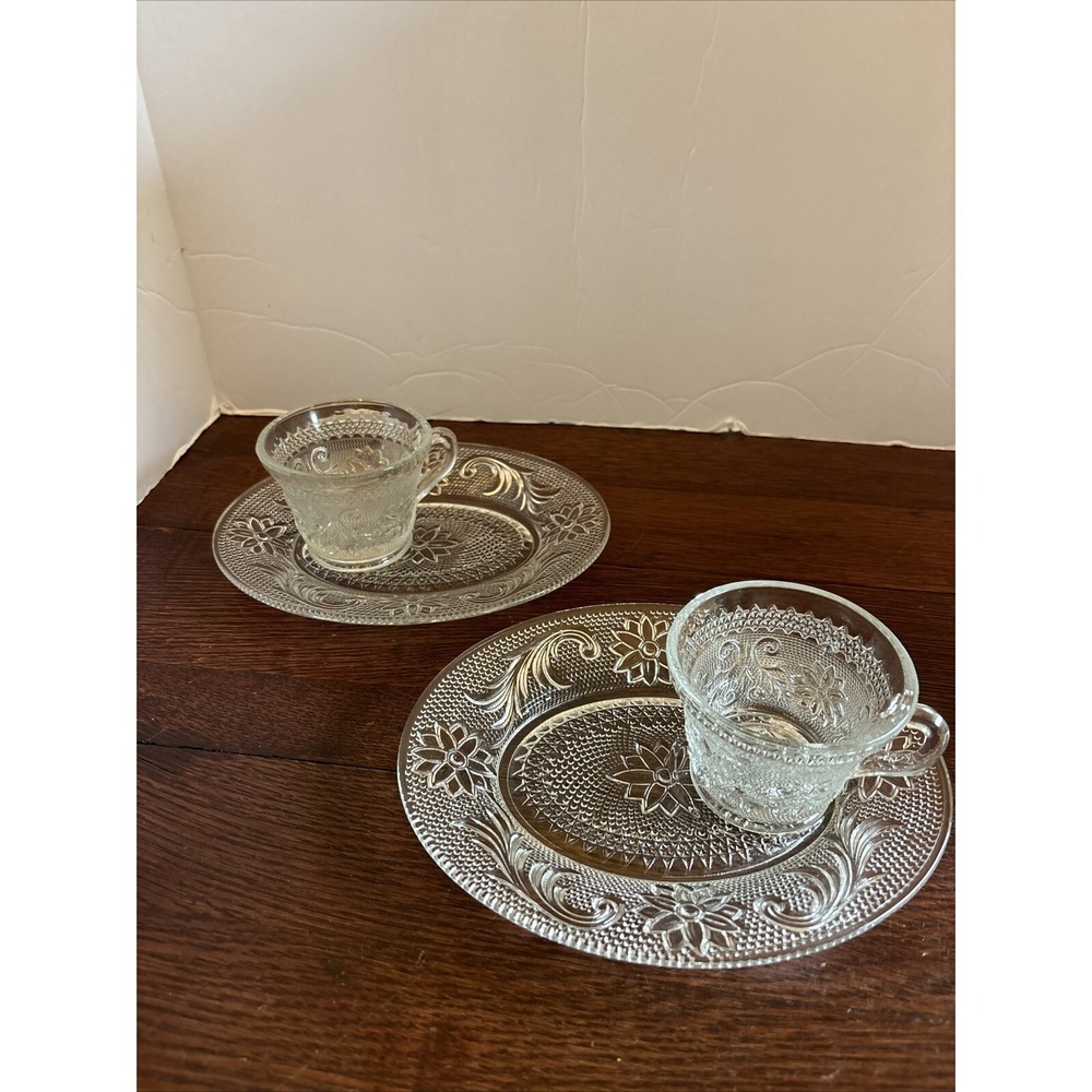 Tiara Indiana Glass Co. Clear Sandwich Plates & Cups 30's Depression Era 2 Each